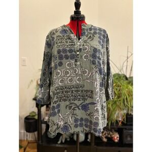 Made in Italy green floral Print 3/4 Sleeve Linen  button up blouse XL women's